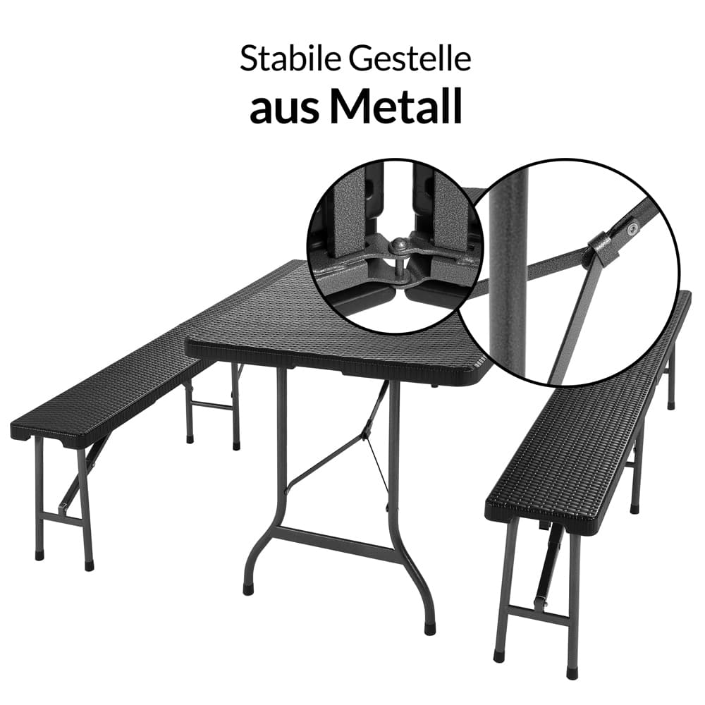 Table et bancs pliants noirs en plastique dur - 183 cm
