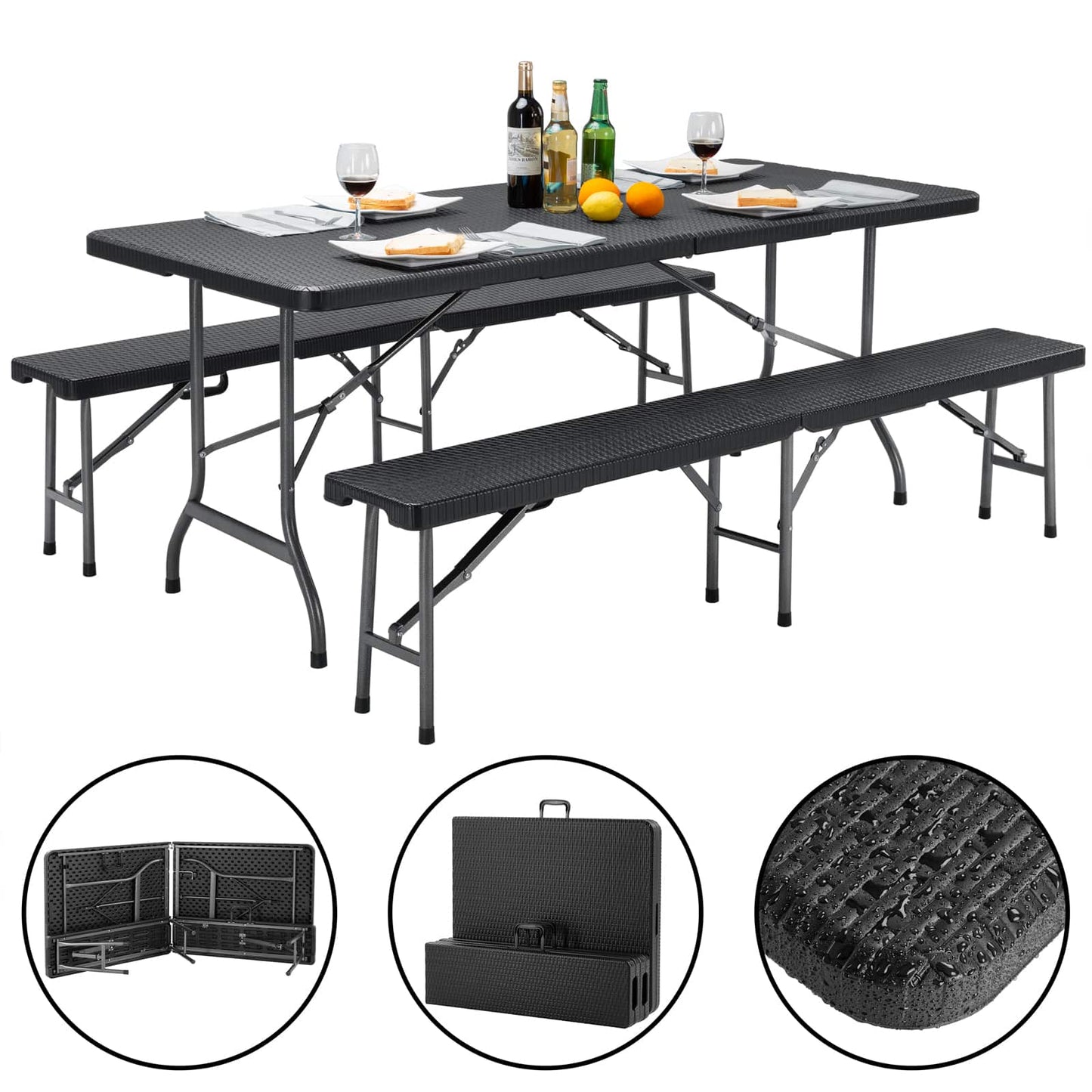 Table et bancs pliants noirs en plastique dur - 183 cm