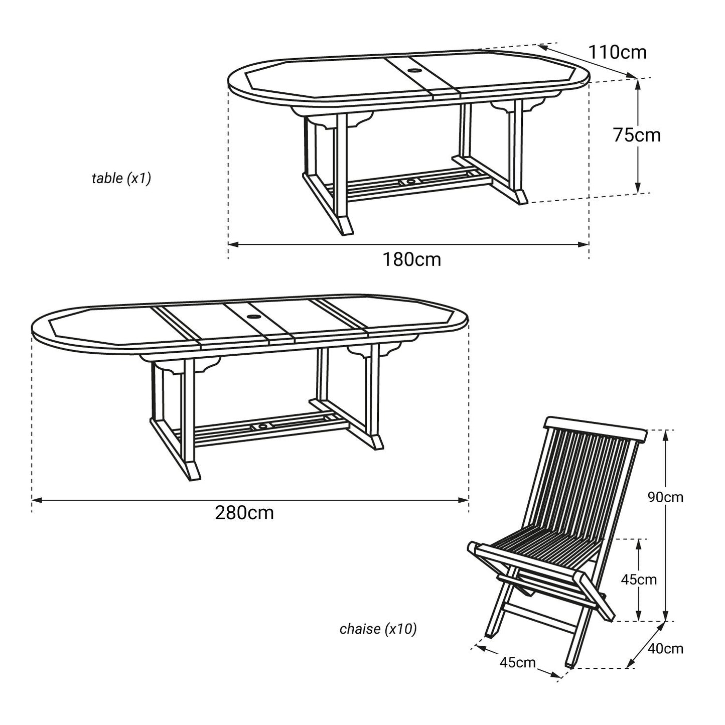 Salon de jardin en teck - table ovale extensible pour 10 personnes