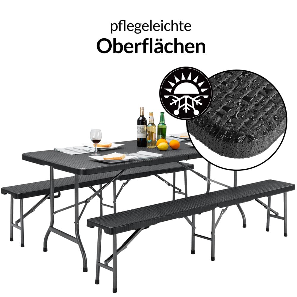 Table et bancs pliants noirs en plastique dur - 183 cm