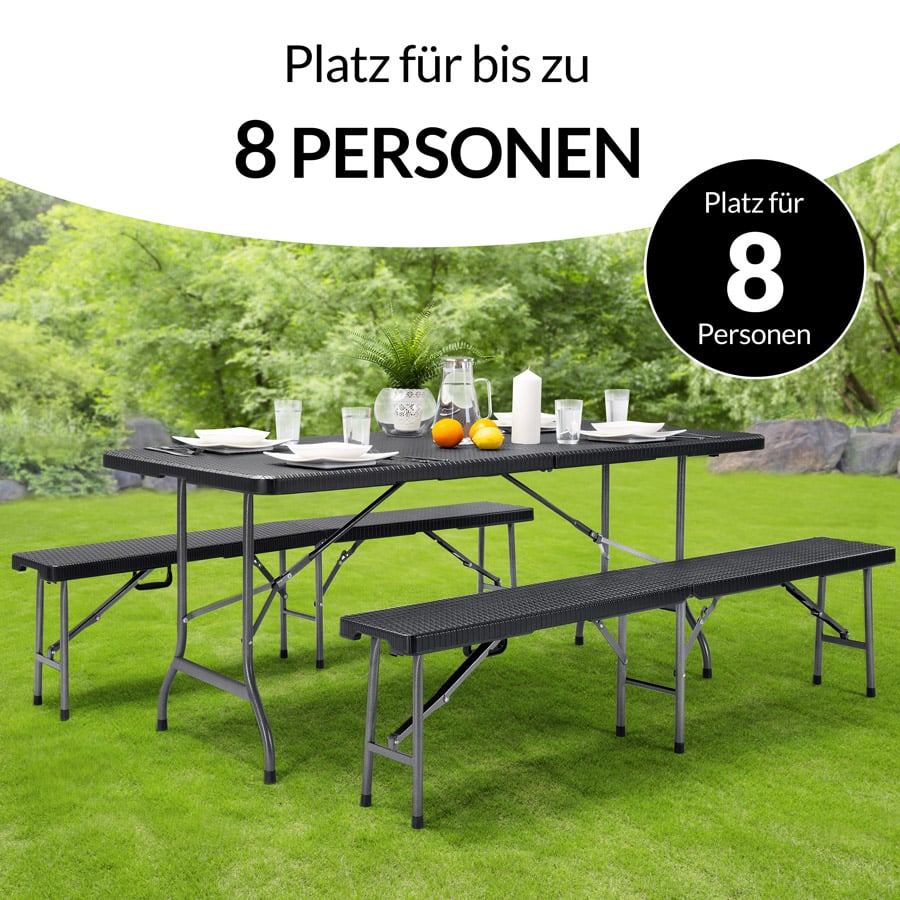 Table et bancs pliants noirs en plastique dur - 183 cm