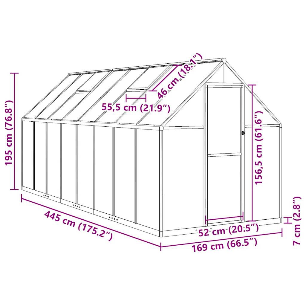 Serre en aluminium verte 445x169x195 cm avec cadre de base