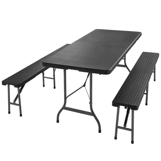 Table et bancs pliants noirs en plastique dur - 183 cm