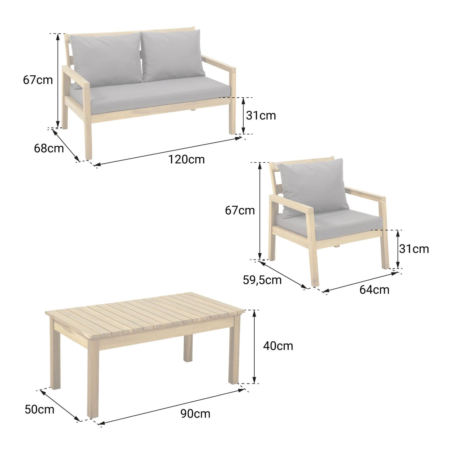 Salon de jardin en acacia 4 places - coussins gris