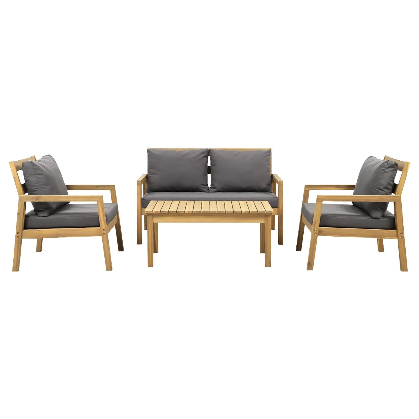 Salon de jardin en acacia 4 places - coussins gris