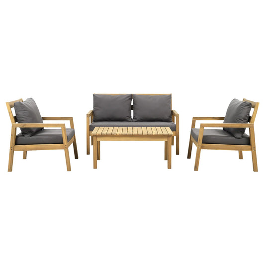 Salon de jardin en acacia 4 places - coussins gris