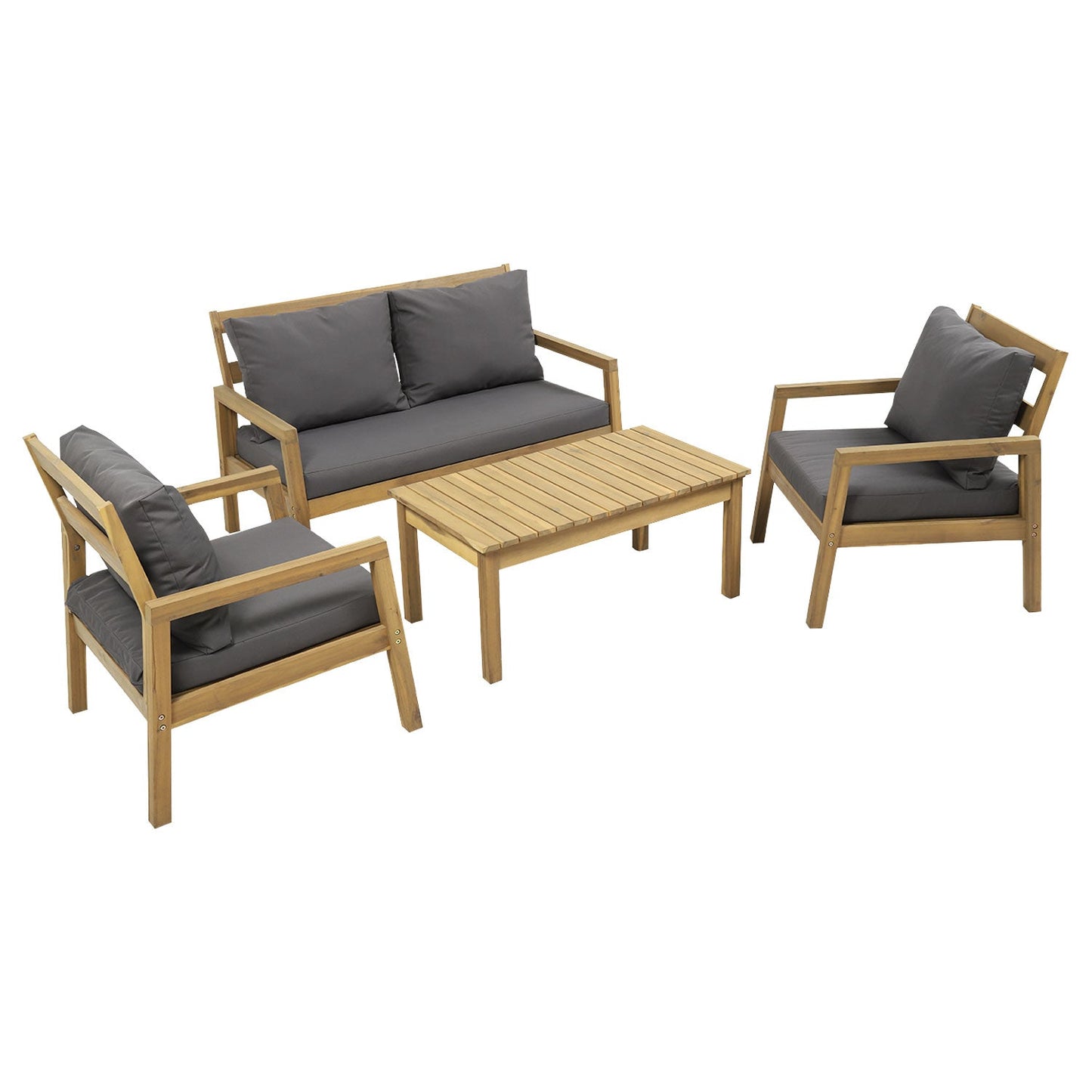 Salon de jardin en acacia 4 places - coussins gris