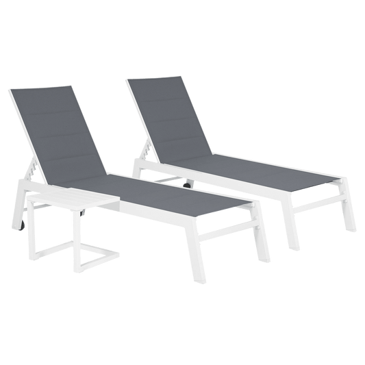 Ensemble de 2 bains de soleil et table d'appoint en textilène gris - aluminium blanc